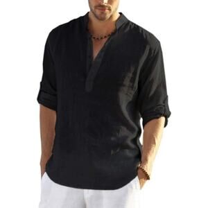 Men's Black Cotton Linen Henley Shirt Long Sleeve Hippie Casual Beach T Shirts